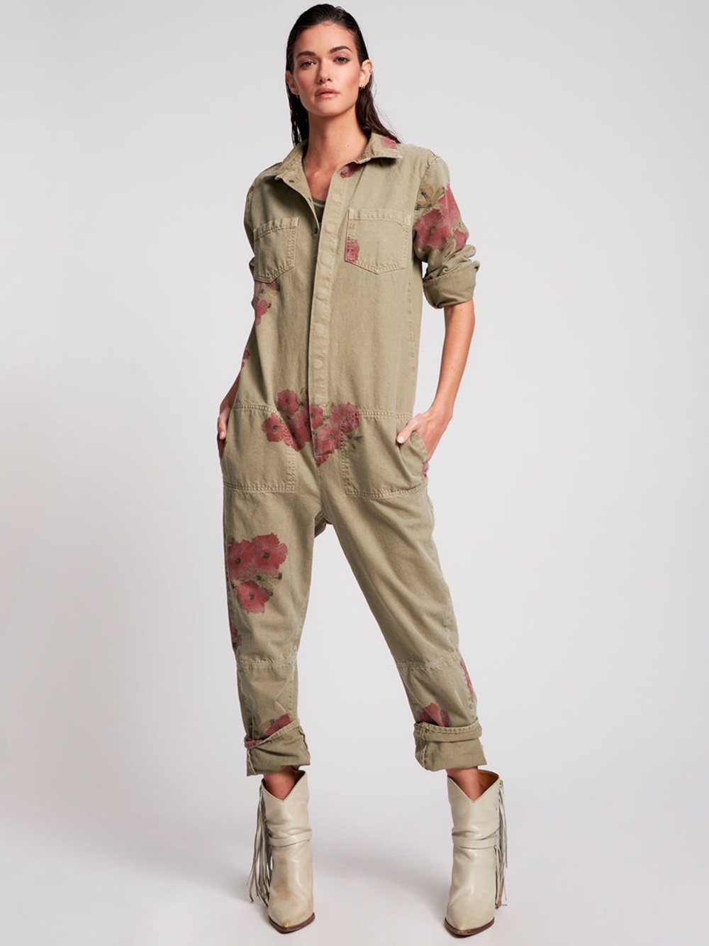 OneTeaspoon Khaki Hibiscus Paradise Overall Jumpsuit Medium Floral Cotton
